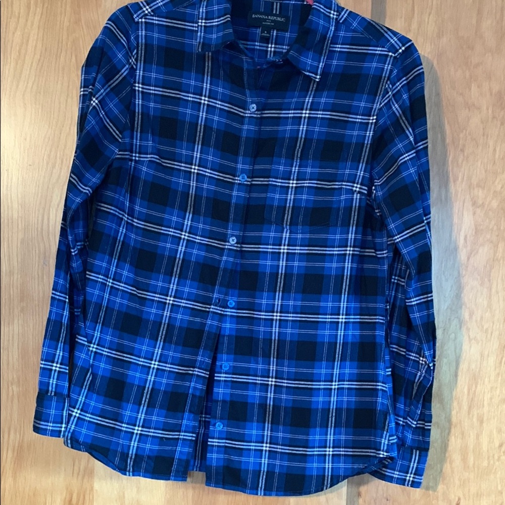 Banana Republic 100% Cotton classic Fit Dress Flannel Black & Blue Plaid